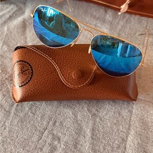 Ray-Ban Gold Frame Sunglasses with Reflective Blue Lenses